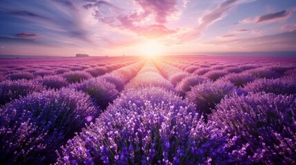 Blooming lavender field, rows of fragrant purple flowers towering against the backdrop of a bright sunny sky