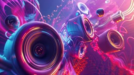 Stylized speakers appear against a bright, pulsating background