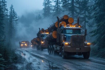 A convoy of heavy-duty logging trucks hauling massive timber logs through a misty, Pacific Northwest forest - obrazy, fototapety, plakaty