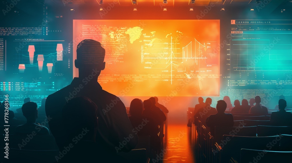 Fototapete a man is watching a projection screen with a group of people in the background. the projection scree