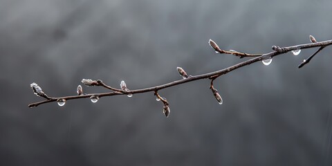 Obraz premium Tree branch with raindrops on a gray background