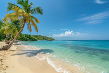 Sandy beach with palm trees on the shore for relaxation. Beautiful and clean sea. Summer background