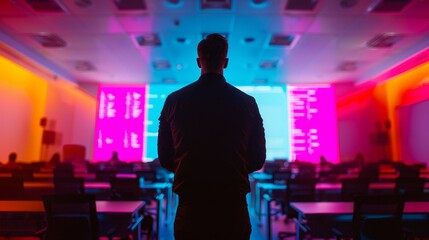 A man stands in front of a large screen with a neon sign behind him. The room is filled with chairs and tables, and the man is waiting for something
