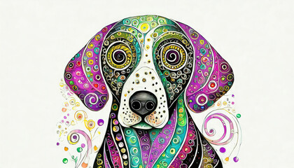 The colourful and abstract depiction of the dog reveals a multitude of playful patterns and swirls within its shape. The artwork is vibrant, with purple, green and yellow colours dominating. AI genera - obrazy, fototapety, plakaty
