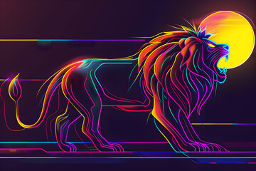 Vibrant neon lion roaring under rising sun isotated on black background. - obrazy, fototapety, plakaty