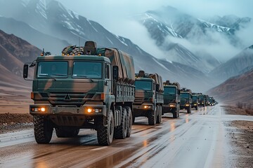 A convoy of military transport trucks on a desert highway, carrying equipment for a training exercise