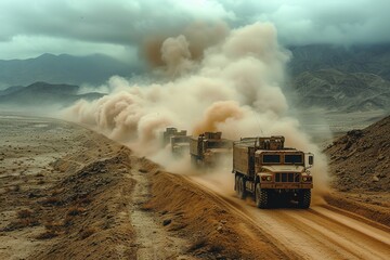 A convoy of military transport trucks rolling across a vast desert expanse, creating a cloud of dust as they carry troops and equipment