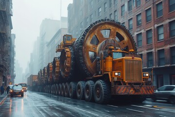 A convoy of oversized load trucks carefully transporting a colossal piece of industrial machinery...