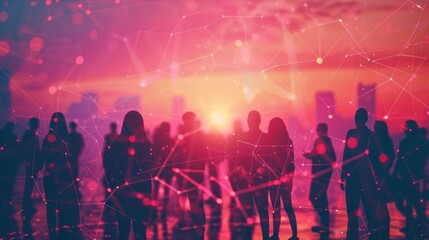 A group of people are standing in a city at sunset. The people are silhouetted against a pink and purple sky. Concept of community and togetherness as the people stand side by side