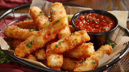 Fried breaded cheese sticks with tomato sauce on a wooden background