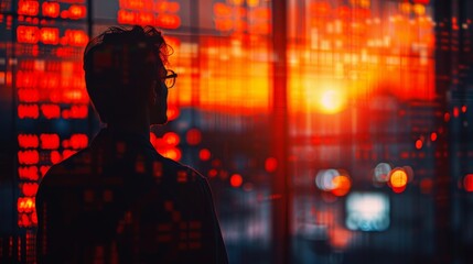A man is looking out of a window at a city skyline. The sky is orange and the buildings are lit up. The man is wearing glasses and he is deep in thought