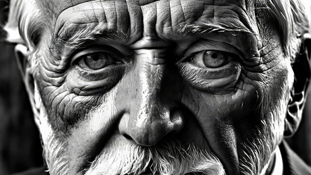   A monochrome image of an elderly man's deeply lined face