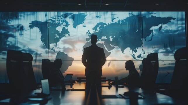 A man stands in front of a large screen that shows a map of the world. He is surrounded by other people in suits, all looking at the screen. Scene is serious and focused