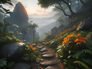 The path in the forest is full of rocks on the high mountains. The rainforest is humid and covered with mist. In the morning sunrise - obrazy, fototapety, plakaty