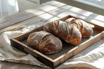 Fresh baked bread on wooden tray, linen table cloth, cosy view, wooden table, bakery, pastry