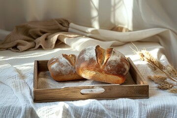 Fresh baked bread on wooden tray, linen table cloth, cosy view, wooden table, bakery, pastry