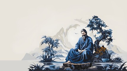 Zen Eastern Philosopher Thinking Man, Minimalist Chinois Style Digital Render
