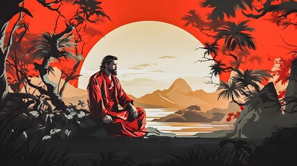 Zen Eastern Philosopher Thinking Man, Minimalist Chinois Style Digital Render