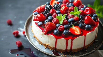 A homemade cheesecake adorned with fresh berries and mint, offering a delightful and healthy organic summer dessert option.