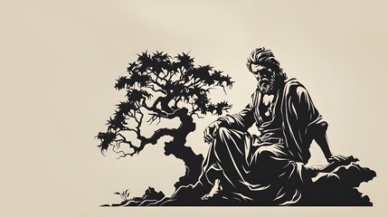 Zen Eastern Philosopher Thinking Man, Minimalist Monotone Digital Render - obrazy, fototapety, plakaty