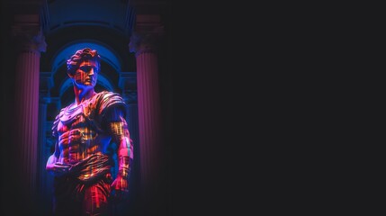 Fototapeta na wymiar Modern Digital Renaissance Man dripping with neon paint glow, Greek Roman Style Statue, Futurism Minimalist Concept Render 