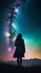 Fototapeta na wymiar dark silhouette of a woman that stands before a beautiful moving night sky with galaxies and stars