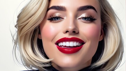 Fototapeta premium red lipstick stained mouth, blonde hair in disarray, bow tie cinched at neck