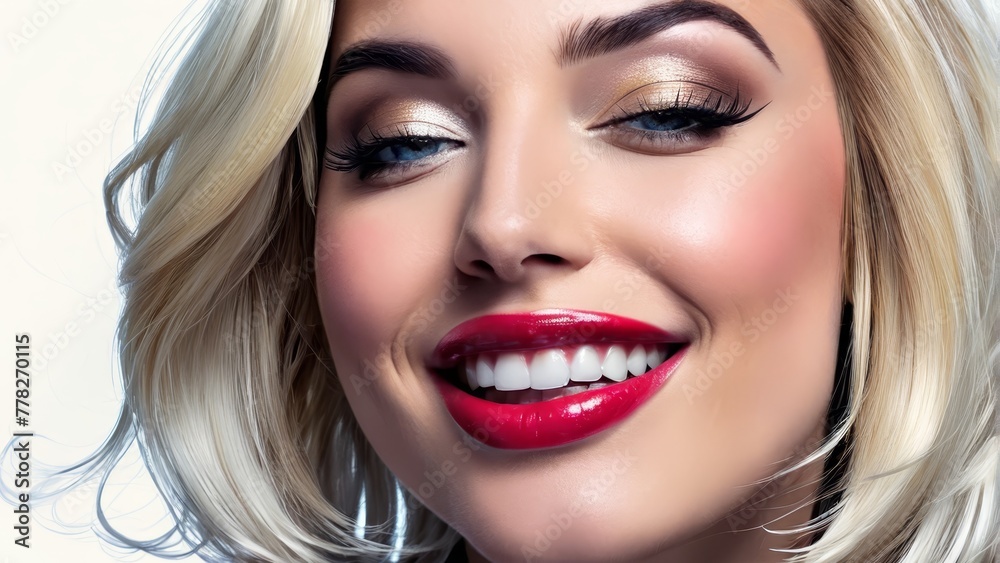 Poster red lips, golden eyeshadow, radiant white teeth