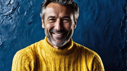   A happy man in a yellow sweater stands before a blue wall, adorned with water droplets