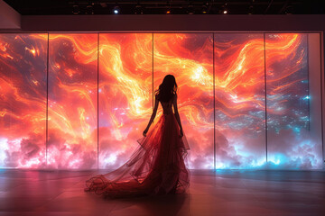 A model wearing a virtual dress, with the dress rendered in 3D and projected onto the model's body