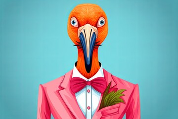 A chic flamingo in a flamboyant suit, making a bold statement as she looks directly at the camera, cartoon minimal cute flat design