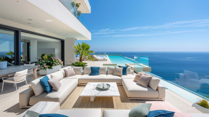 Fototapeta premium Luxury villa swimming pool by the sea,created with Generative AI tecnology.