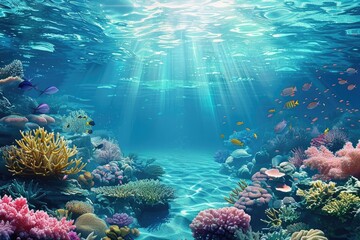 Naklejka na ściany i meble Underwater Paradise: Coral Reefs Teeming with Tropical Fish, Ocean Beauty Illuminated by Sun Rays