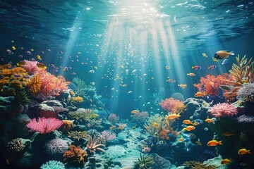 Fototapeta na wymiar Underwater Paradise: Coral Reefs Teeming with Tropical Fish, Ocean Beauty Illuminated by Sun Rays