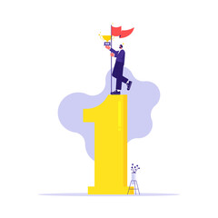 Success or business victory, award winning celebration or triumph concept, success businessman holding flag and trophy stand with 1st place