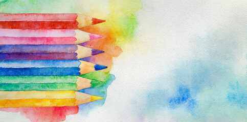 abstract watercolor background with watercolor drawn pencils over watercolor splashed background, the concepts of creativity, art class and back to school 