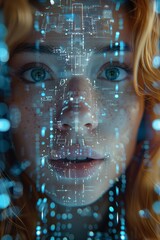 A close-up of a woman's face adorned with intricate holographic tech. The graphics hint at the vast knowledge she's accessing in this futuristic world