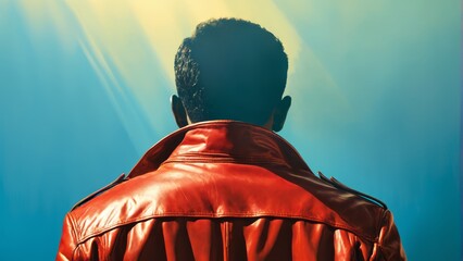   Man's head in red leather jacket faced away from blue background - obrazy, fototapety, plakaty