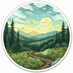 Summer stickers with forest, field, sky and hiking