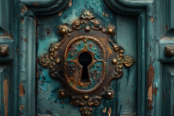 Vintage Brass Keyhole on a Weathered Teal Door With Intricate Details