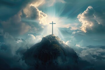 Spiritual Serenity: Cross on a Mountain Top Shining Under Celestial Rays - obrazy, fototapety, plakaty