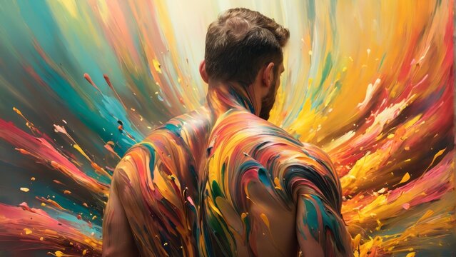   A man's bare back adorned with multicolored paint splatters