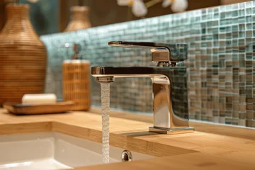 Foto op Plexiglas Chrome Faucet with Water Flow Over Textured Glass Tiles  © Rumpa