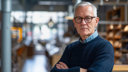 Mature elegant man in optical store. Customer trying on new glasses