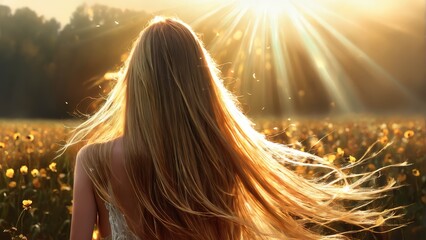   A woman strolls through a flower field, her back turned to the camera Sunlight illuminates her head from behind, casting golden hues on her hair - obrazy, fototapety, plakaty
