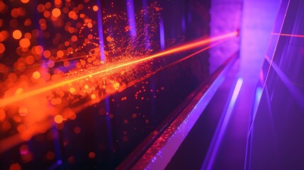 an orange laser beam hitting a glass pane, with purple and seagreen lightrays coming out the other side