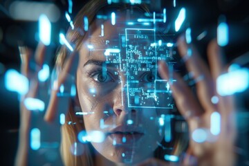 A young woman of color immersed in a futuristic learning experience. Glowing digital graphics overlay her face, highlighting knowledge absorption.