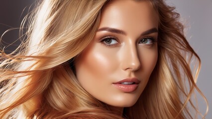 Obraz premium A close-up of a woman's face with her hair billowing in the wind