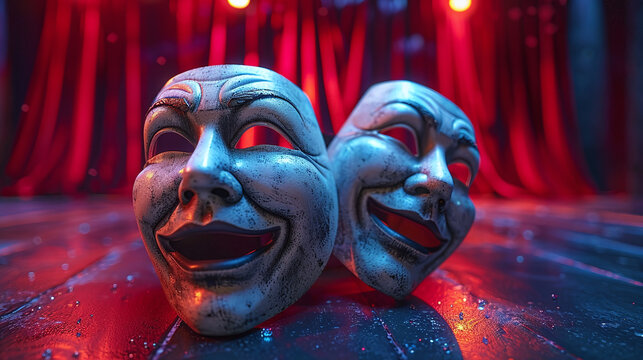 drama masks on theater stage, concept of acting, show, comedy, opera