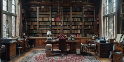 Vintage Library Interior with Piles of Books on the Floor and a Desk in the Corner